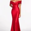 Red Mermaid Off The Shoulder Satin Formal Dress