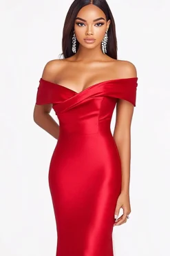 Red Mermaid Off The Shoulder Satin Formal Dress