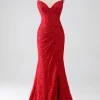 Red Mermaid Spaghetti Straps Beaded Lace Applique Prom Dress With Slit