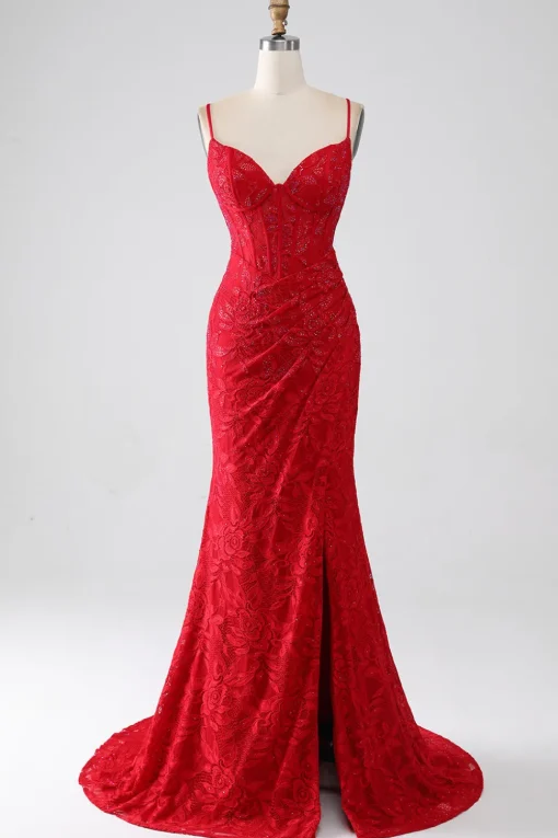 Red Mermaid Spaghetti Straps Beaded Lace Applique Prom Dress With Slit