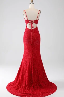 Red Mermaid Spaghetti Straps Beaded Lace Applique Prom Dress With Slit