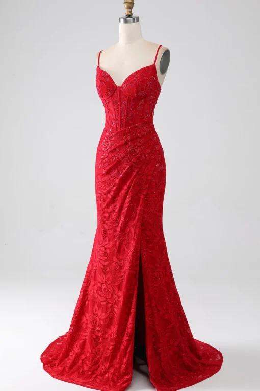 Red Mermaid Spaghetti Straps Beaded Lace Applique Prom Dress With Slit