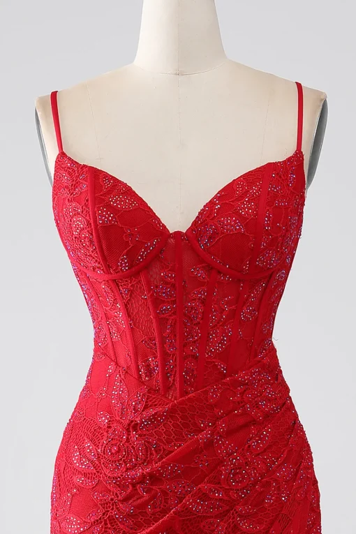Red Mermaid Spaghetti Straps Beaded Lace Applique Prom Dress With Slit