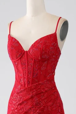 Red Mermaid Spaghetti Straps Beaded Lace Applique Prom Dress With Slit