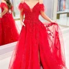 Red Off the Shoulder Tulle Feathers Prom Dress with Slit
