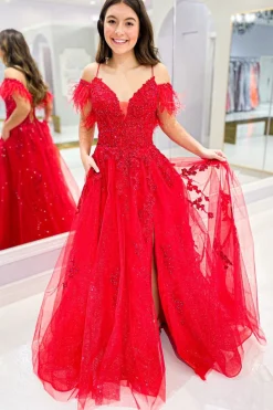 Red Off the Shoulder Tulle Feathers Prom Dress with Slit