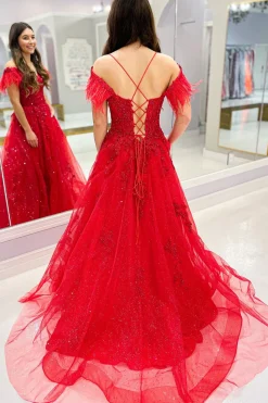 Red Off the Shoulder Tulle Feathers Prom Dress with Slit