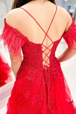 Red Off the Shoulder Tulle Feathers Prom Dress with Slit