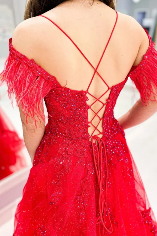 Red Off the Shoulder Tulle Feathers Prom Dress with Slit