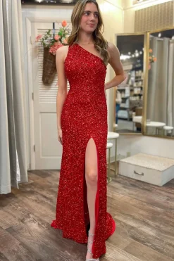 Red One Shoulder Backless Long Prom Dress with Slit