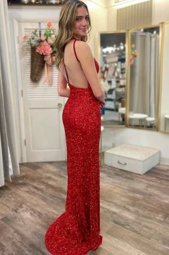 Red One Shoulder Backless Long Prom Dress with Slit