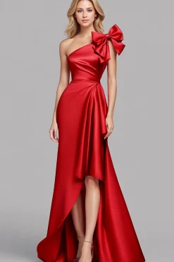 Red One Shoulder Satin Mermaid Long Formal Dress with Bow