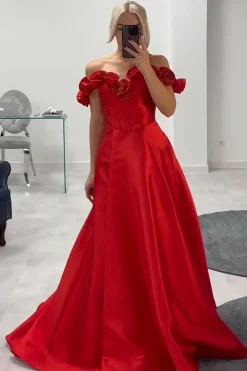 Red Rose A Line Corset Off the Shoulder Prom Dress with Slit