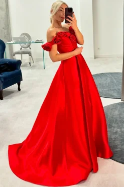Red Rose A Line Corset Off the Shoulder Prom Dress with Slit