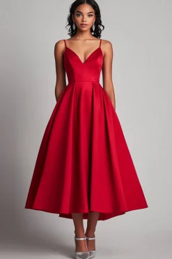 Red Satin A-Line Tea Length Formal Dress
