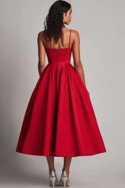 Red Satin A-Line Tea Length Formal Dress