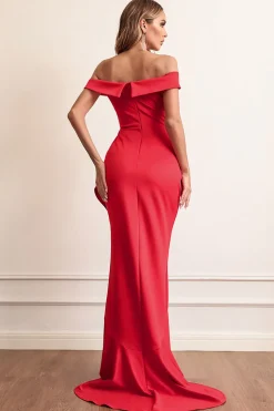 Red Sheath Off The Shoulder Prom Dress With Ruffles