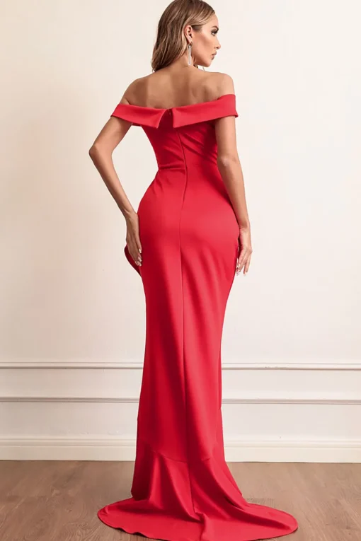 Red Sheath Off The Shoulder Prom Dress With Ruffles