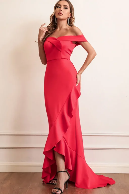 Red Sheath Off The Shoulder Prom Dress With Ruffles