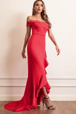 Red Sheath Off The Shoulder Prom Dress With Ruffles