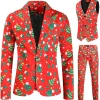 Red Single Button White Star Print 3 Pieces Men's Christmas Suit