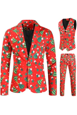 Red Single Button White Star Print 3 Pieces Men's Christmas Suit