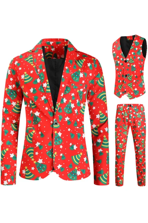 Red Single Button White Star Print 3 Pieces Men's Christmas Suit
