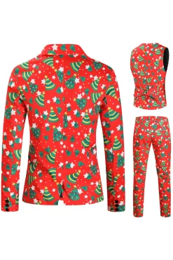 Red Single Button White Star Print 3 Pieces Men's Christmas Suit