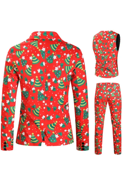 Red Single Button White Star Print 3 Pieces Men's Christmas Suit