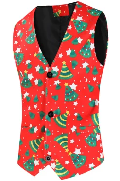 Red Single Button White Star Print 3 Pieces Men's Christmas Suit