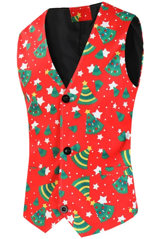 Red Single Button White Star Print 3 Pieces Men's Christmas Suit
