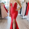Red Sleeveless Mermaid Beaded Sequin Long Prom Dress