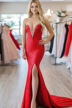 Red Sleeveless Mermaid Beaded Sequin Long Prom Dress