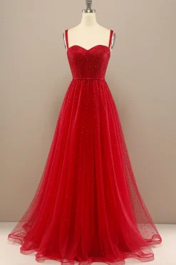 Red Sweetheart Tulle Prom Dress with Beading
