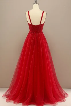 Red Sweetheart Tulle Prom Dress with Beading