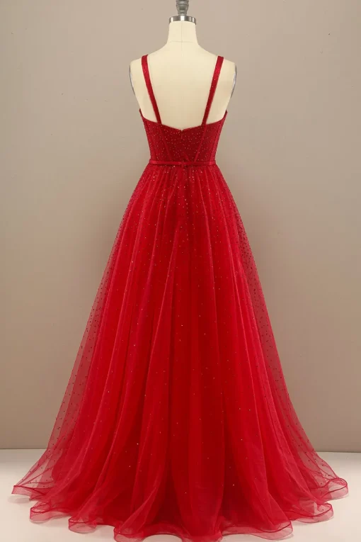 Red Sweetheart Tulle Prom Dress with Beading