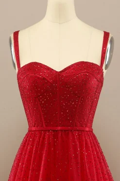 Red Sweetheart Tulle Prom Dress with Beading