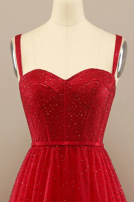Red Sweetheart Tulle Prom Dress with Beading
