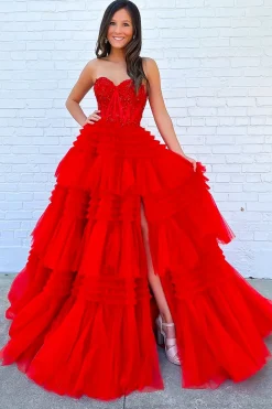 Red Tiered Sweetheart Long Corset Prom Dress with Slit