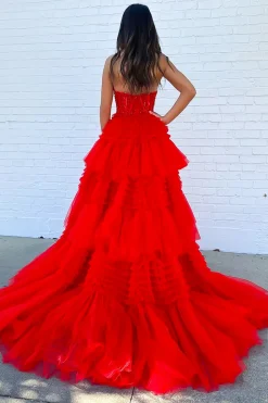 Red Tiered Sweetheart Long Corset Prom Dress with Slit