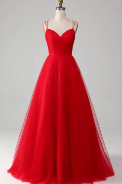 Red Tulle Pleated V-neck A-line Tie Back Prom Dress