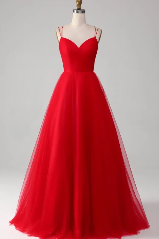 Red Tulle Pleated V-neck A-line Tie Back Prom Dress