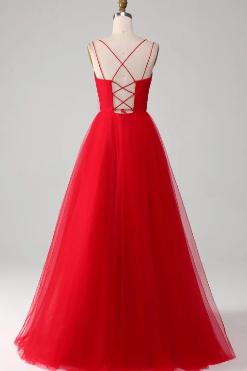 Red Tulle Pleated V-neck A-line Tie Back Prom Dress