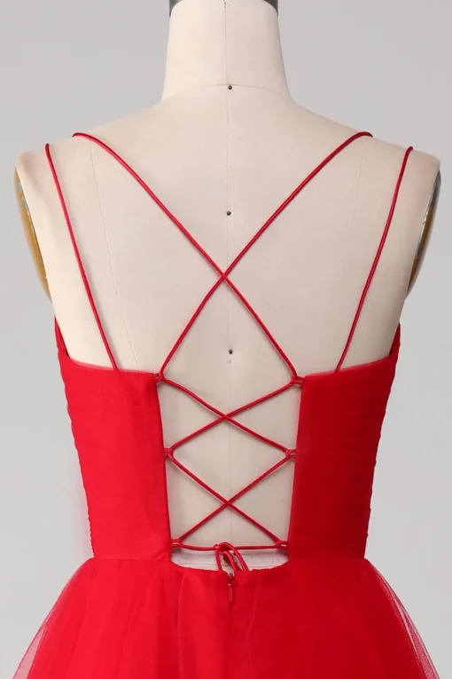 Red Tulle Pleated V-neck A-line Tie Back Prom Dress