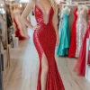 Red V Neck Mermaid Sequin Beaded Long Prom Dress