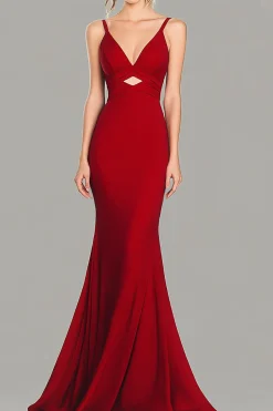 Red V-Neck Cut Out Mermaid Formal Dress