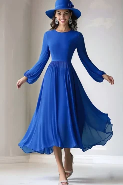 Royal Blue A Line Long Sleeve Round Neck Mother of the Bride Dress