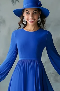Royal Blue A Line Long Sleeve Round Neck Mother of the Bride Dress