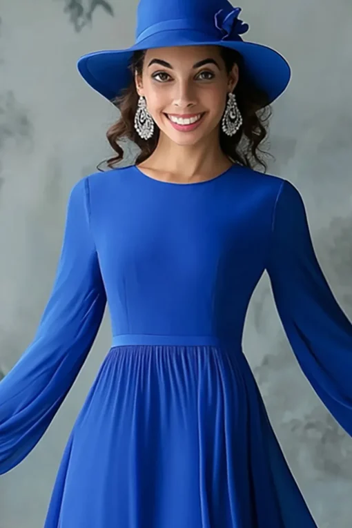 Royal Blue A Line Long Sleeve Round Neck Mother of the Bride Dress