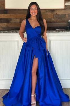 Royal Blue A Line One Shoulder Long Prom Dress with Slit